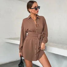 Robe Midi décontractée en Satin avec poches et boutons, avec ceinture, col rabattu, manches longues, à la mode, 2022  (4)