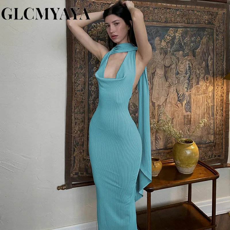 

Женское модное однотонное асимметричное платье GLCMYAYA с открытой спиной, с креплением на шее, сексуальное облегающее платье без рукавов с разрезом, 2023