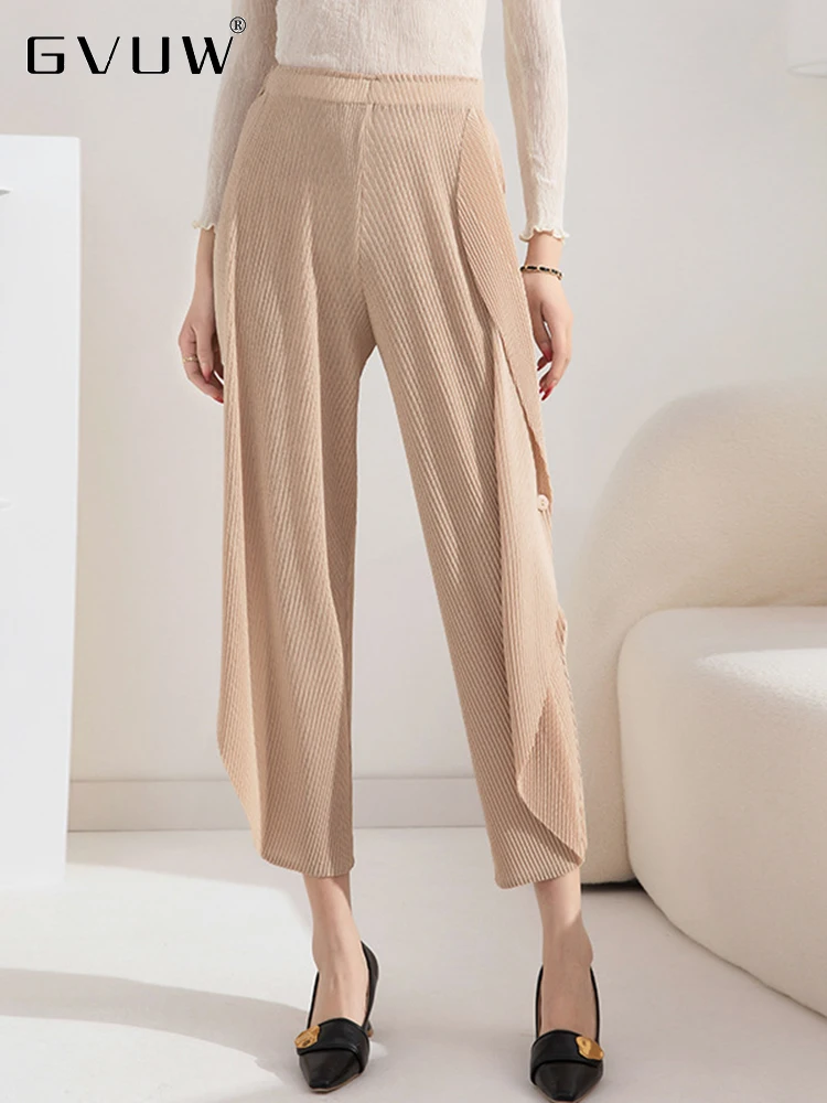 GVUW Pleated straight Pants Women's Solid Color Fish Scale Fold Loose 2023 Summer New Female High Elastic Waist Trousers 17J0293
