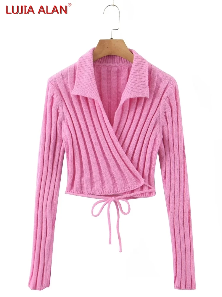 

New Women's Pink Knitting Lapel Cross Lace Up Casual Loose Long Sleeve Sweater LUJIA ALAN SW1856