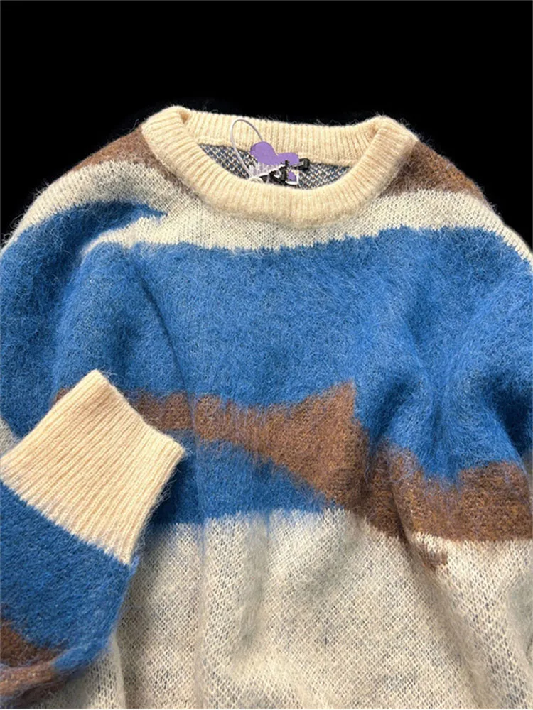 

Женский трикотажный пуловер в полоску, мохеровый пуловер контрастных цветов с длинным рукавом, свитер для осени