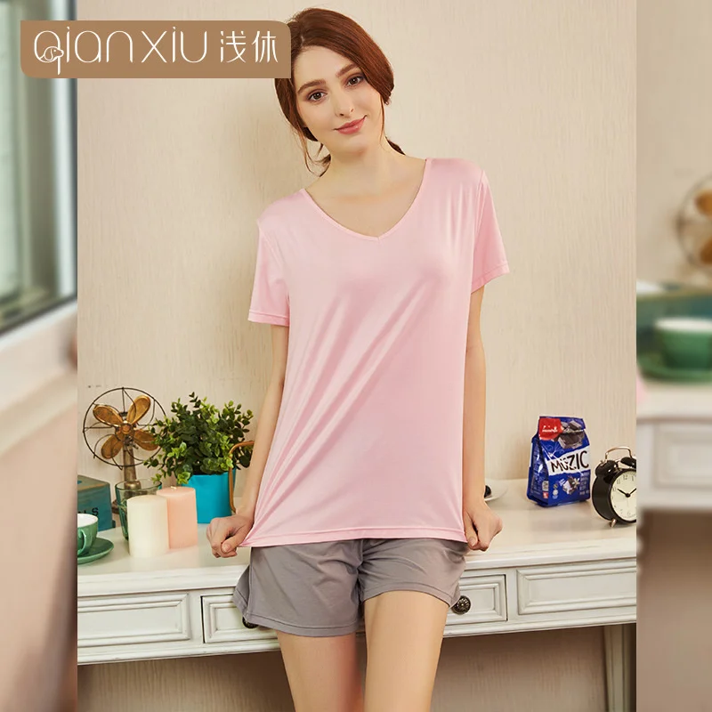 

Женский летний пижамный комплект с коротким рукавом и V-образным вырезом