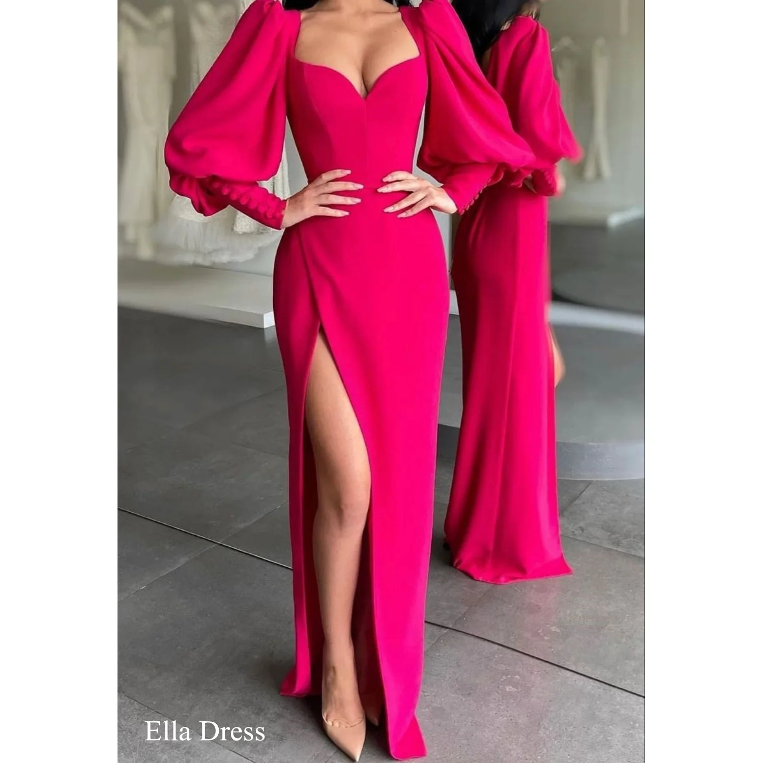 

Ella,Pink party dress hot pink dinner dress pink engagement dress with long front slit pink prom dress pink wedding dress maxi s