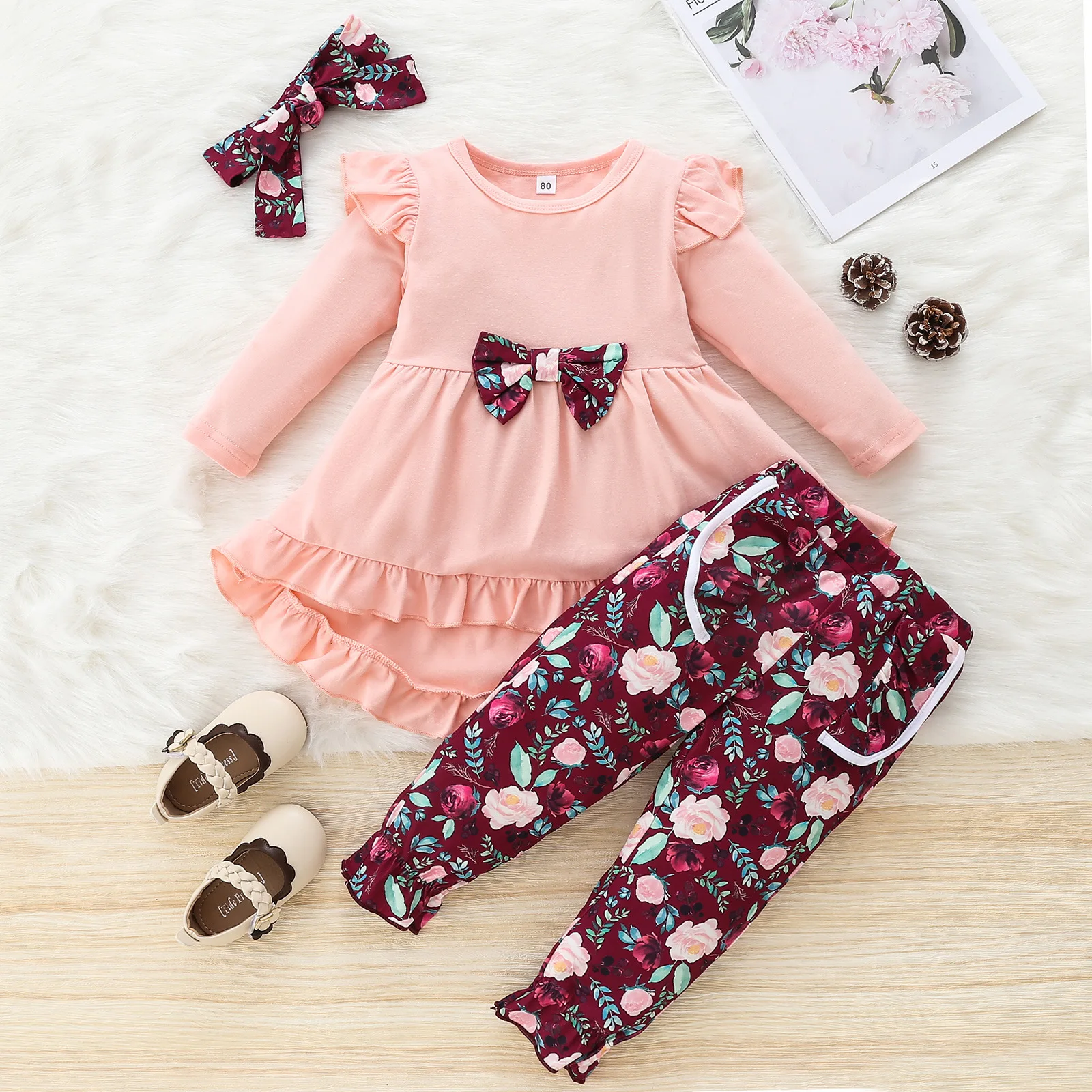

Baby Girl Clothes Infant Clothing Sets Toddler Solid Ruffle Tuxedo Top + Floral Trousers 2pcs Set Children Spring Sweet Outfits