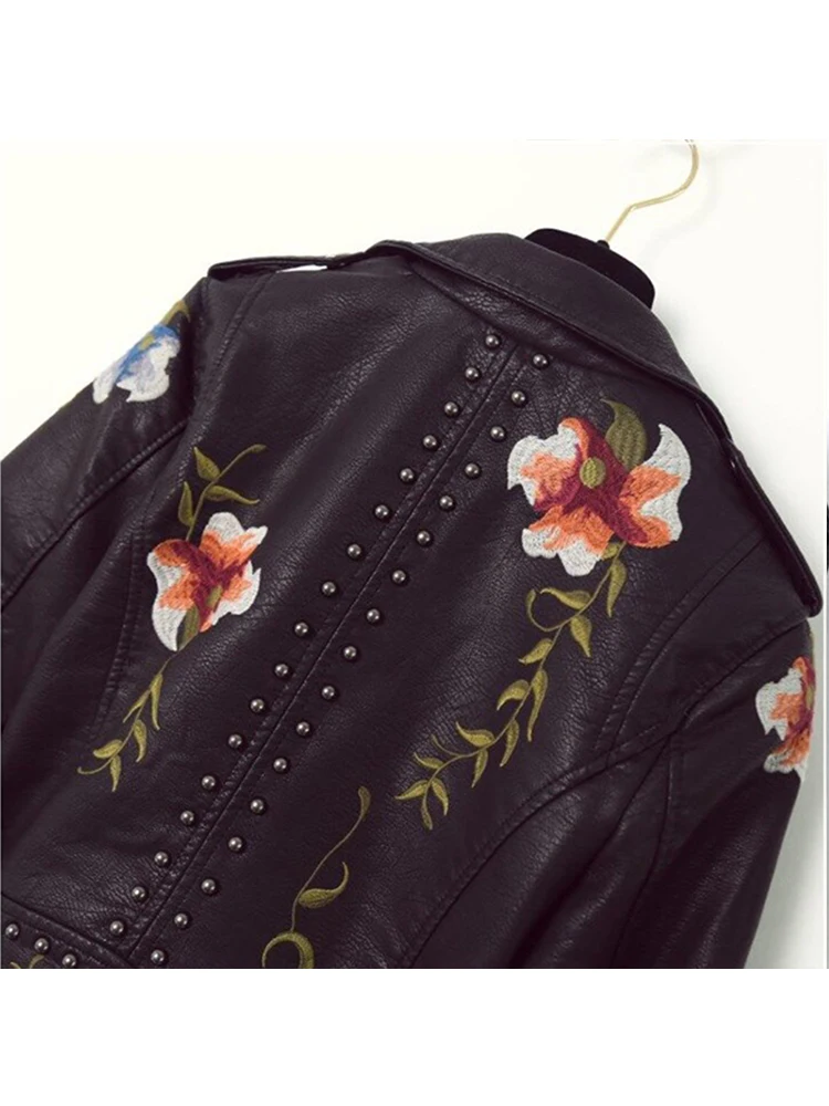 Autumn Women Black Floral Print Embroidery Faux Soft Leather Jacket Streetwear Pu Coat Moto Biker Punk Lady Outerwear