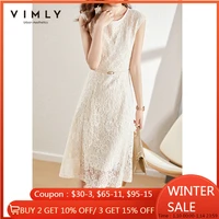 vimly sundress for women elegant lace dress office lady oneck sleeveless apricot dresses sashes high waist maxi dresses f7868