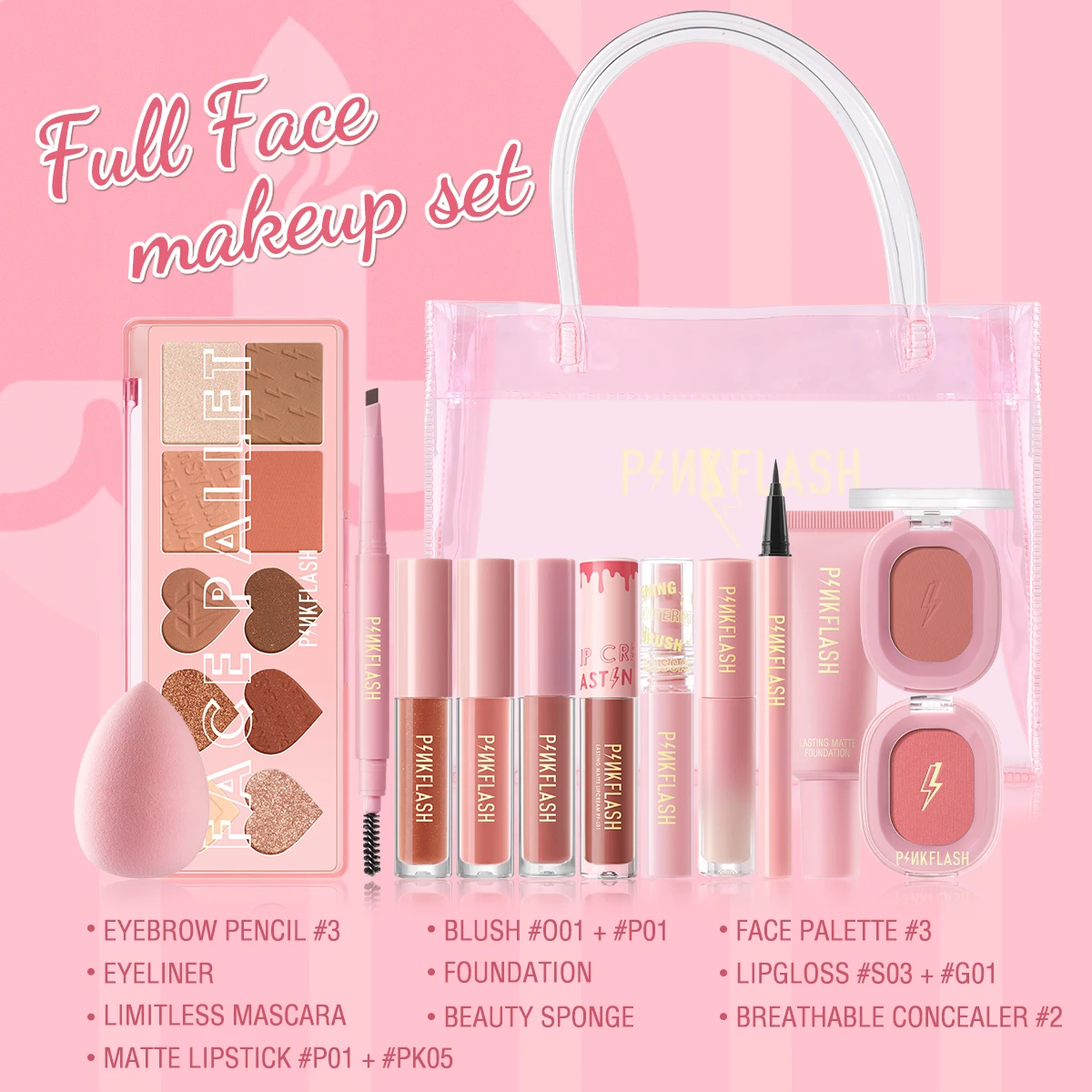 

PINKFLASH 1 Anniversary Full Face Makeup Sets Liquid Concealer Foundation Beauty Lip Gloss Mascara Eyeliner Face Blush Cosmetic