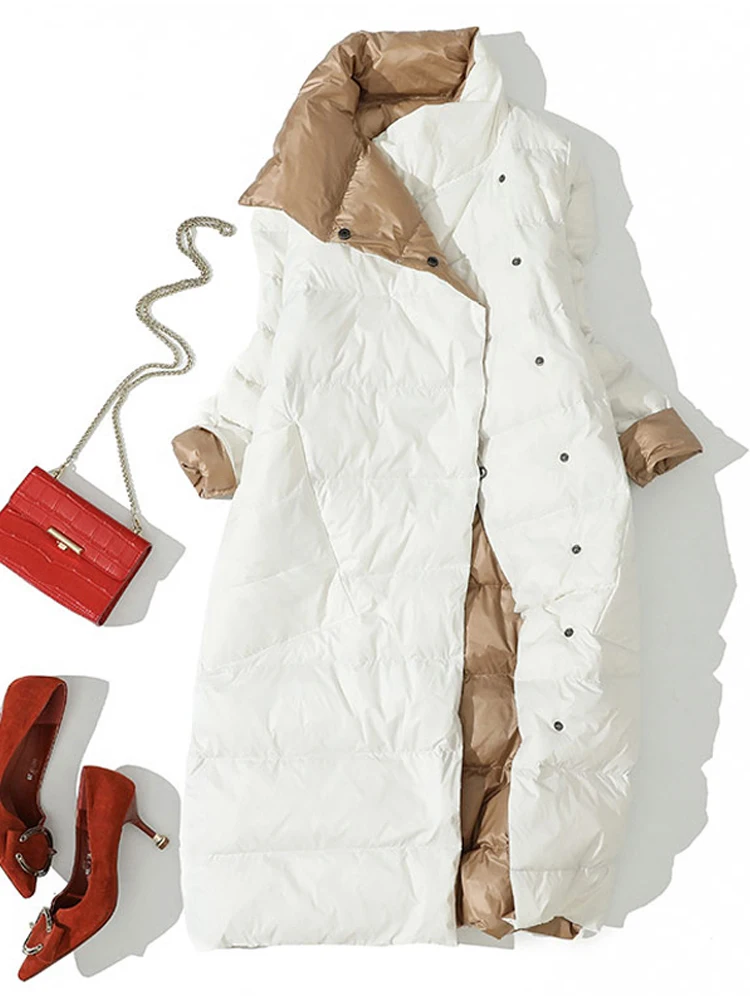 

FTLZZ Женская двухсторонняя длинная куртка, зимний ультра-светильник, белая парка на утином пуху, однобортная 3xl, женская верхняя одежда