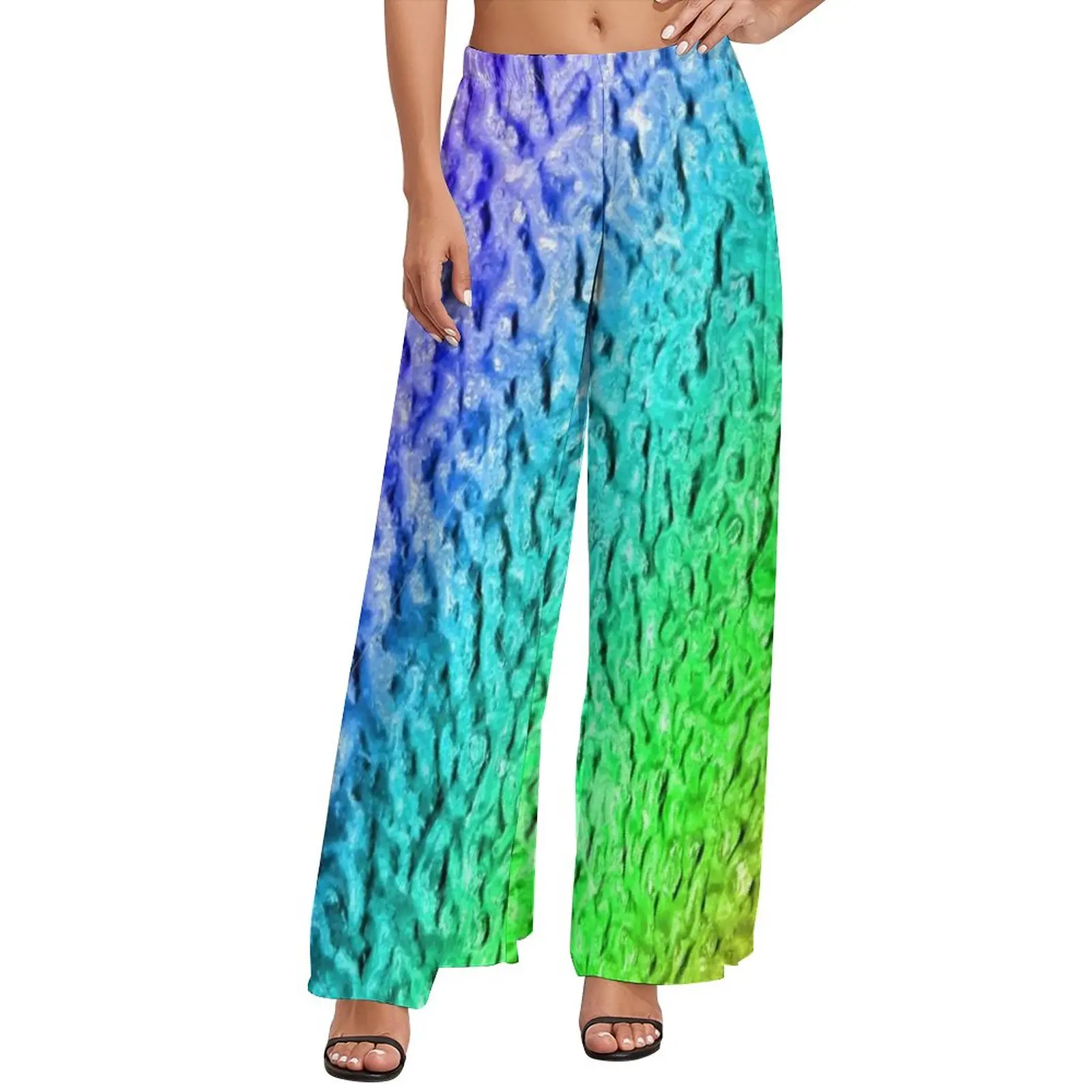 

Metallic Rainbow Pants Elastic High Waist Acrylic Marble Print Elegant Trousers Harajuku Custom Wide Leg Pants