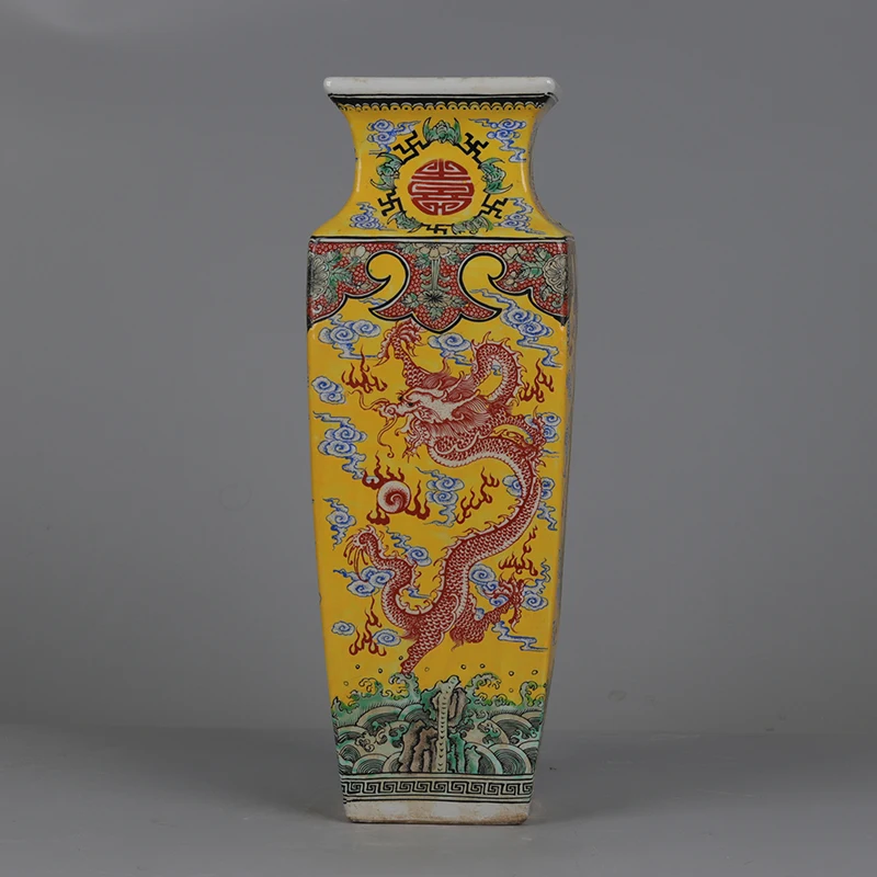 Фото Ваза Kangxi Dynasty Цин Центральные элементы Дракон и Феникс с узором морской воды Квадратная ваза Китайская эмалированная ваза №1