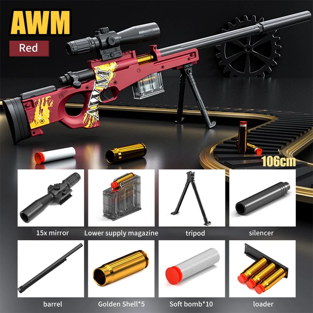 

98k AWM Shell Ejection Sniper Gun EVA Soft Bullet Toy Guns with 15X Mirror Silencer CS Shoot Blaster Airsoft Rifle for Boys Gift