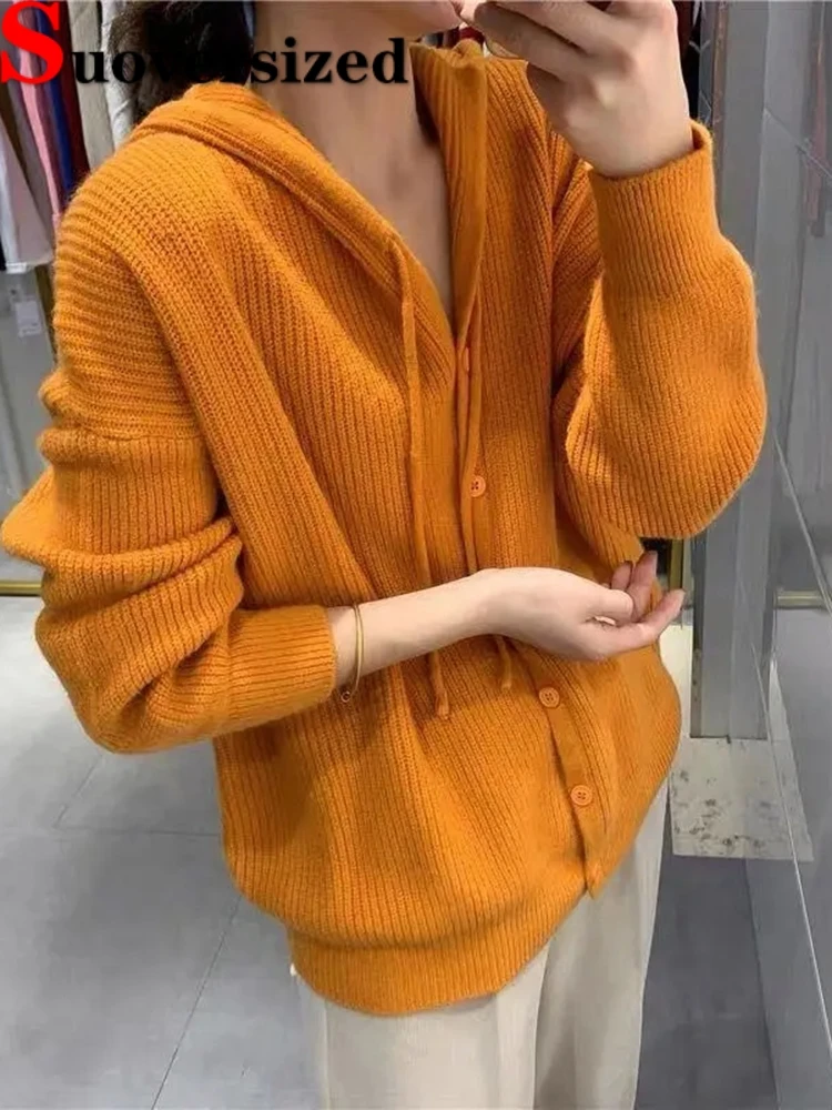 

Hooded Casual Loose Sweater Cardigan Solid Korean Knit Tops Outwear Fashion New Elegant Jacket Knitwear Women Spring Fall Coat