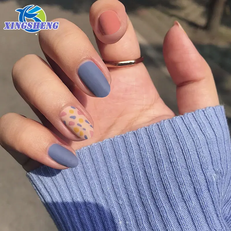 

24Pcs Short Oval Head Design Blue and Graffiti Pattern Wearable Fake Nails Press On Full Cover Fake Nails With Glue Nail Tips