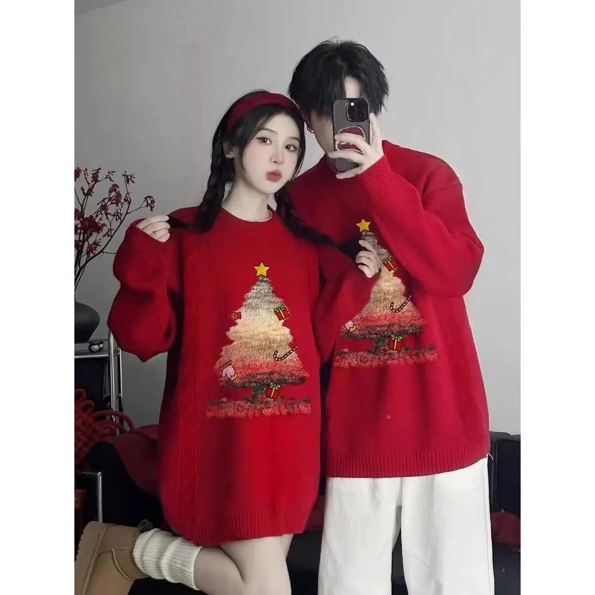 Christmas Couple Wear Fall and Winter New Arrival 2024 Year Red Sweater Battle Gown Matching Clothes |