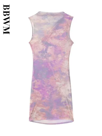 Print Tulle Dress Woman Folds Short Dresses for Women 2023 Stand Collar Sleeveless Dress Chic Female Summer Slim Mini Dress
