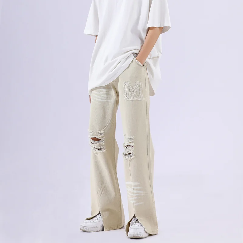 Мужские и женские рваные джинсовые брюки повседневные Прямые большого размера в