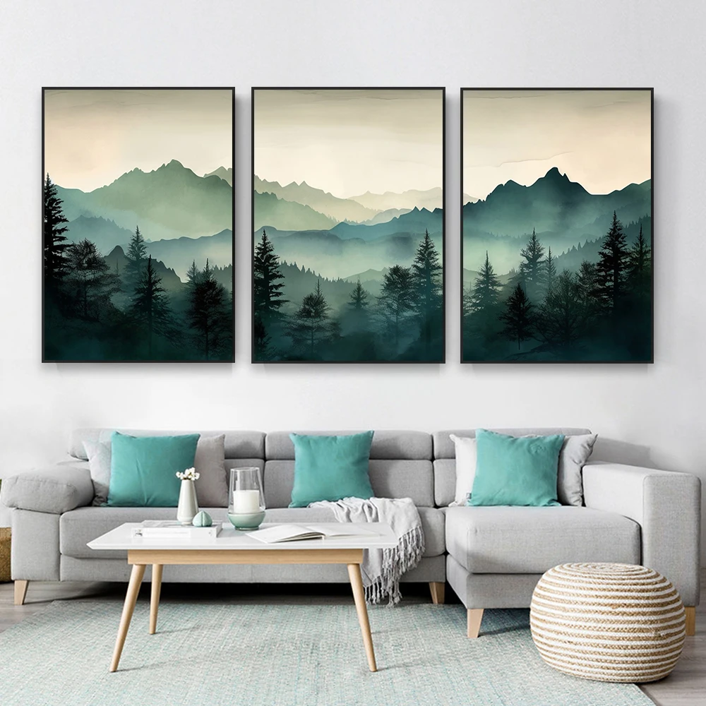 Абстрактный природный пейзаж Постер шалфей Зеленая гора путешествия принты