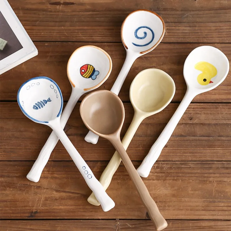

Japanese Style Ceramic Spoon Handmade Soup Spoons Cute Dessert Congee Scoop Underglaze Colour Hand-decorated Tableware for Home