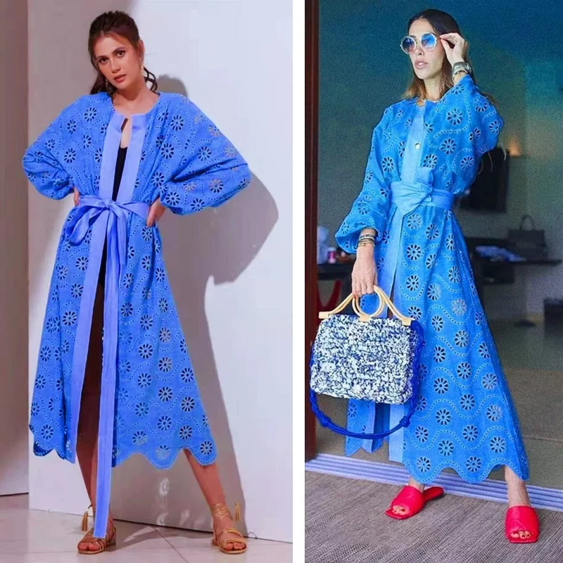 

Женское ажурное платье средней длины, модельное Хлопковое платье с цветочной вышивкой, вечернее кружевное платье с длинным рукавом-фонариком, лето-осень 2022