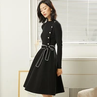 women new spring long sleeved knitted dress fashion high end round neck contrast color lace up dress