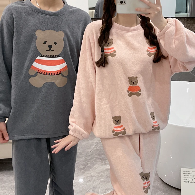 Woman Man Winter Warm Pijama Set Lover Couple Matching Pajamas Soft Flannel Thick Home Clothing Cute Bear Printing 2 Pieces Wear
