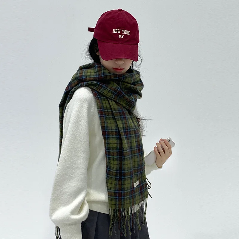 Винтажный Зеленый клетчатый шарф женская теплая длинная шаль из пашмины зимние