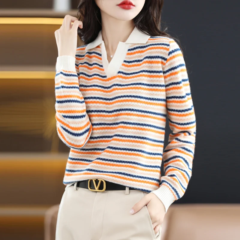 

2023New Polo Collar Long-Sleeved Striped Pullover Women's Autumn And Winter Fashion Loose Solid Color Versatile Cashmere Sweater