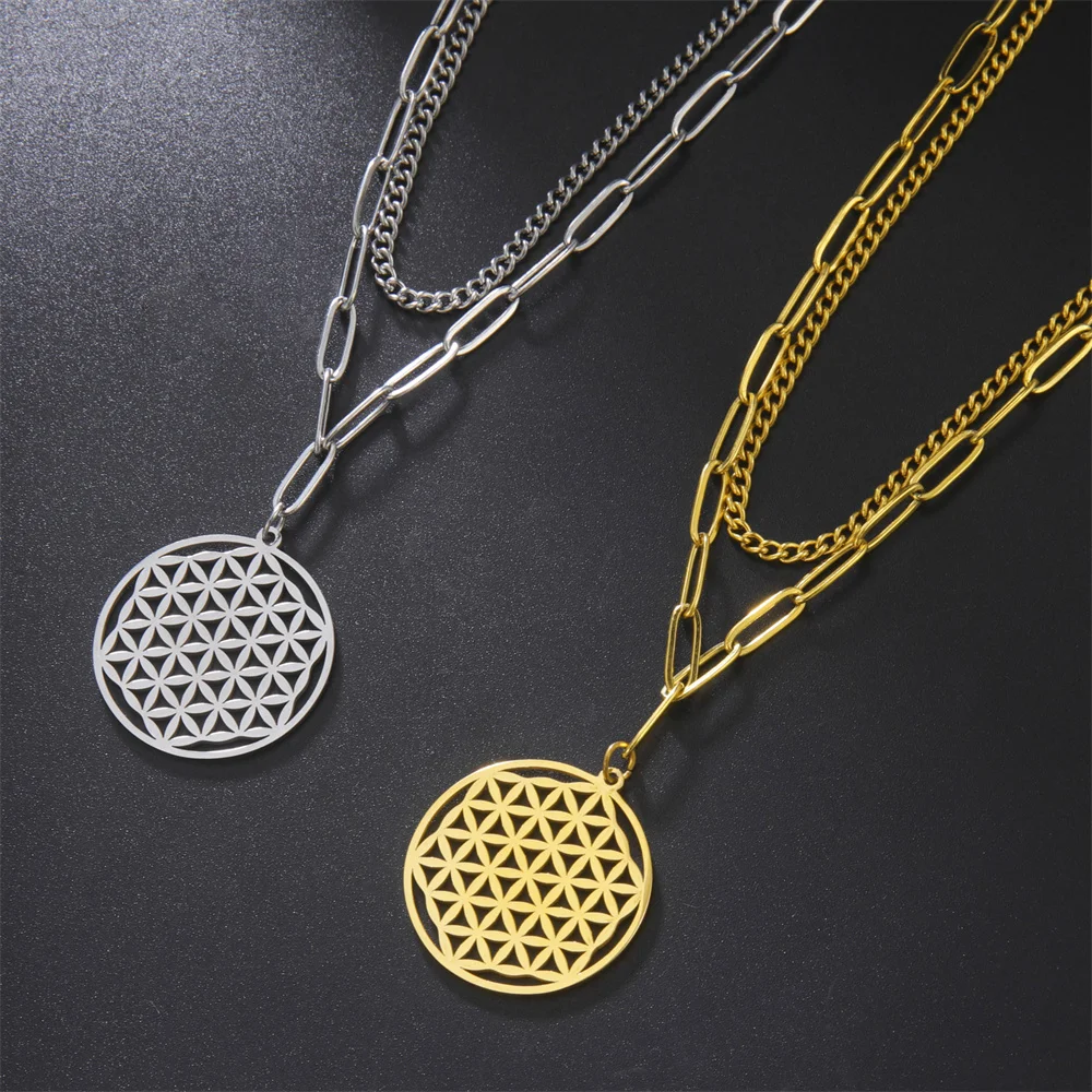 

Egypt Israel Flower of Life Buddhist Necklace Hollow Pendant 2 Layers Chain Sacred Geometry Amulet Jewelry Religious Faith Gift