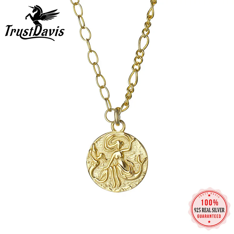 

TrustDavis Real 925 Sterling Silver Gold Round Coin Clavicle Chain Necklace For Women Wedding Party Fine Jewelry Gift DA1616