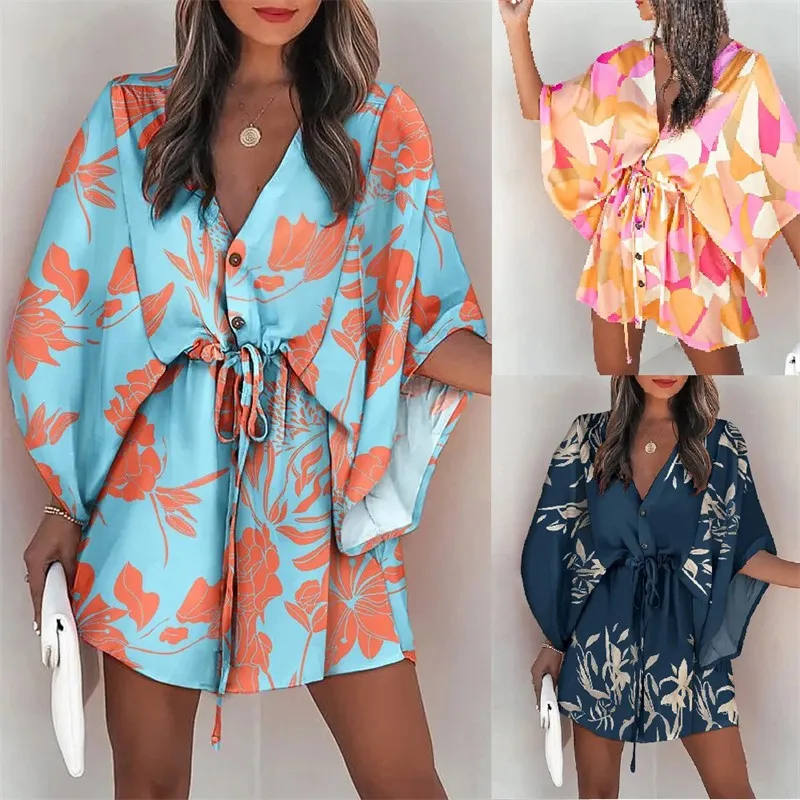 

2023 Summer Boho Dresses Women Casual Flora Print Batwing Sleeve Lace-Up Dress Sexy V Neck Loose Ladies Beach Mini Dress Vestido