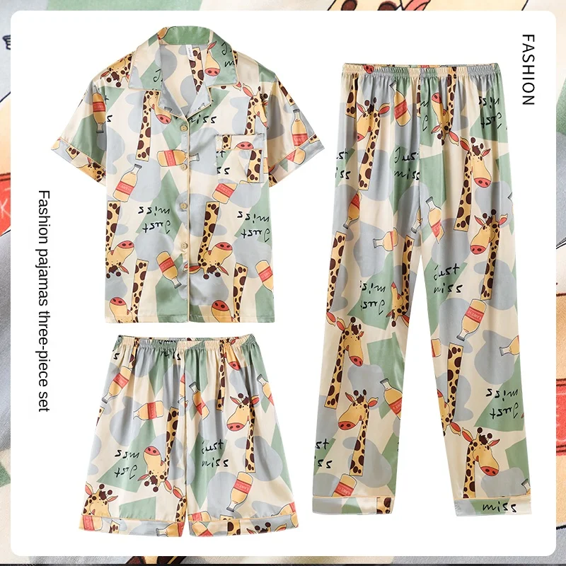 Fashion Summer Autumn 3 Piece Silk Men Pajamas Set Short Sleeve Shorts Oversize Homewear Lapel Collar Loungewear Pijamas for Man