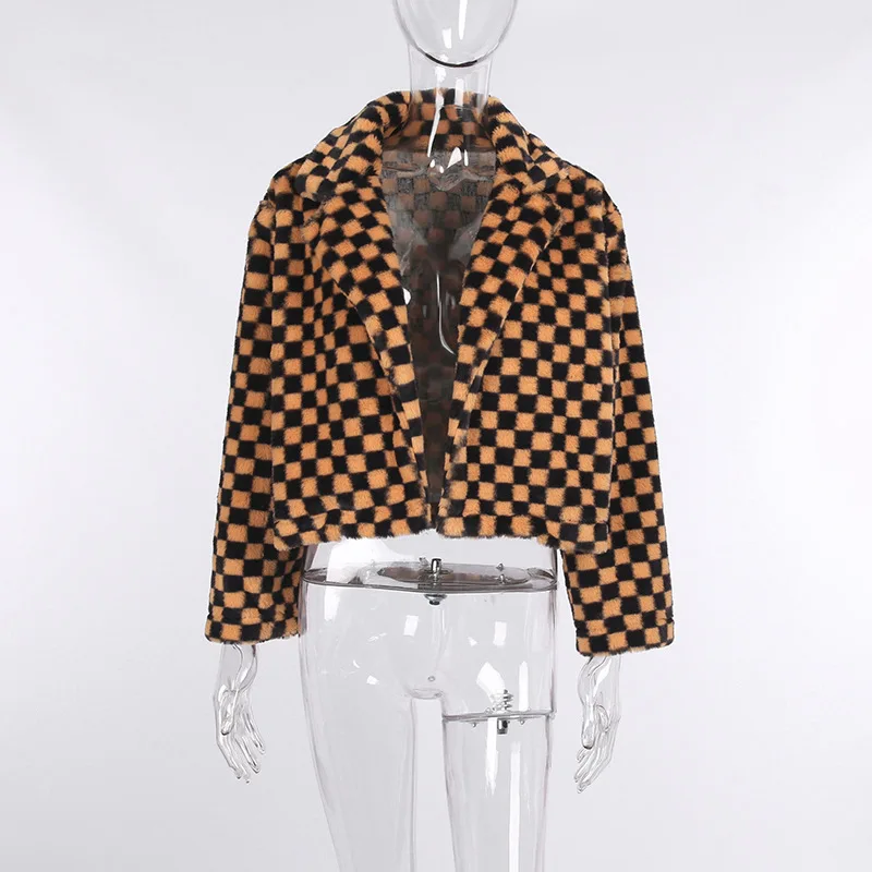 Vintage Checkboard Winter Jacket Women Thick Warm Faux Fur Y2k Korean Pop Gothic Harajuku Vintage Jacket for Women Outwear goth