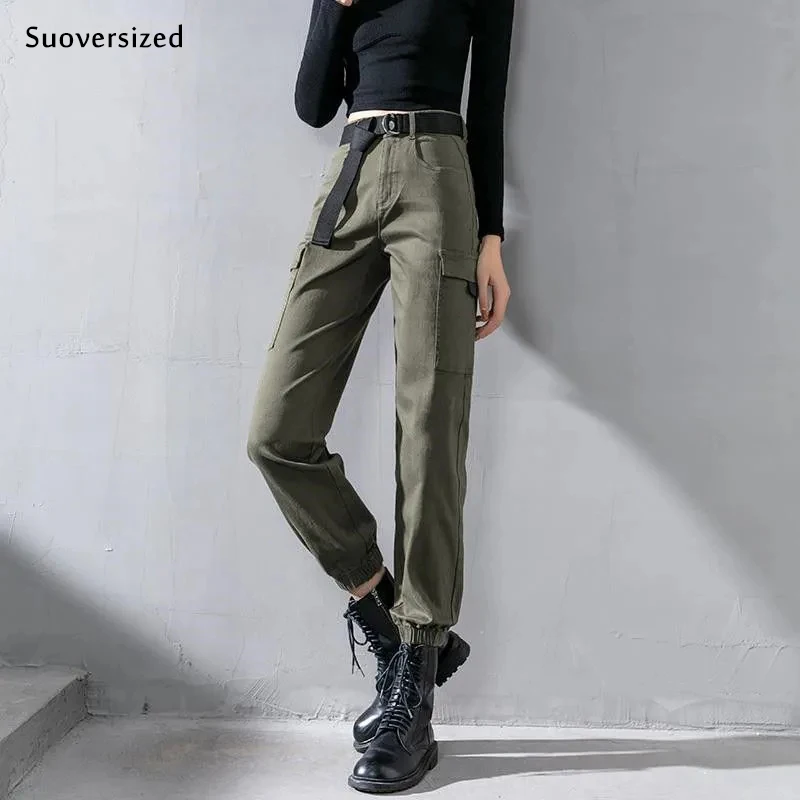 

Women Green Hippie High Waist Pockets Sashes Casual Jogging Capris Cargo Pants Ladies Streetwear Trouser Pantalon Harem Femme