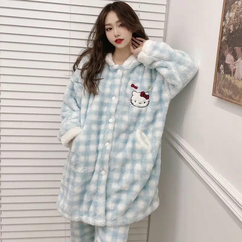 

Kawaii Sanrio Hello Kitty Pajama Set Cartoon Winter Fleece Flannel Warm Hooded Loungewear Cute Pajamas for Women