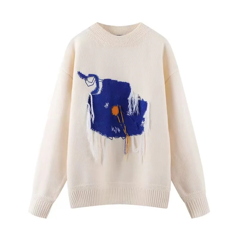 

ADER ERROR Sweater Pullovers Round Neck Knit Loose Blue Flowers Men And Women Clothing Hand-embroidered Tassel Graphic Design