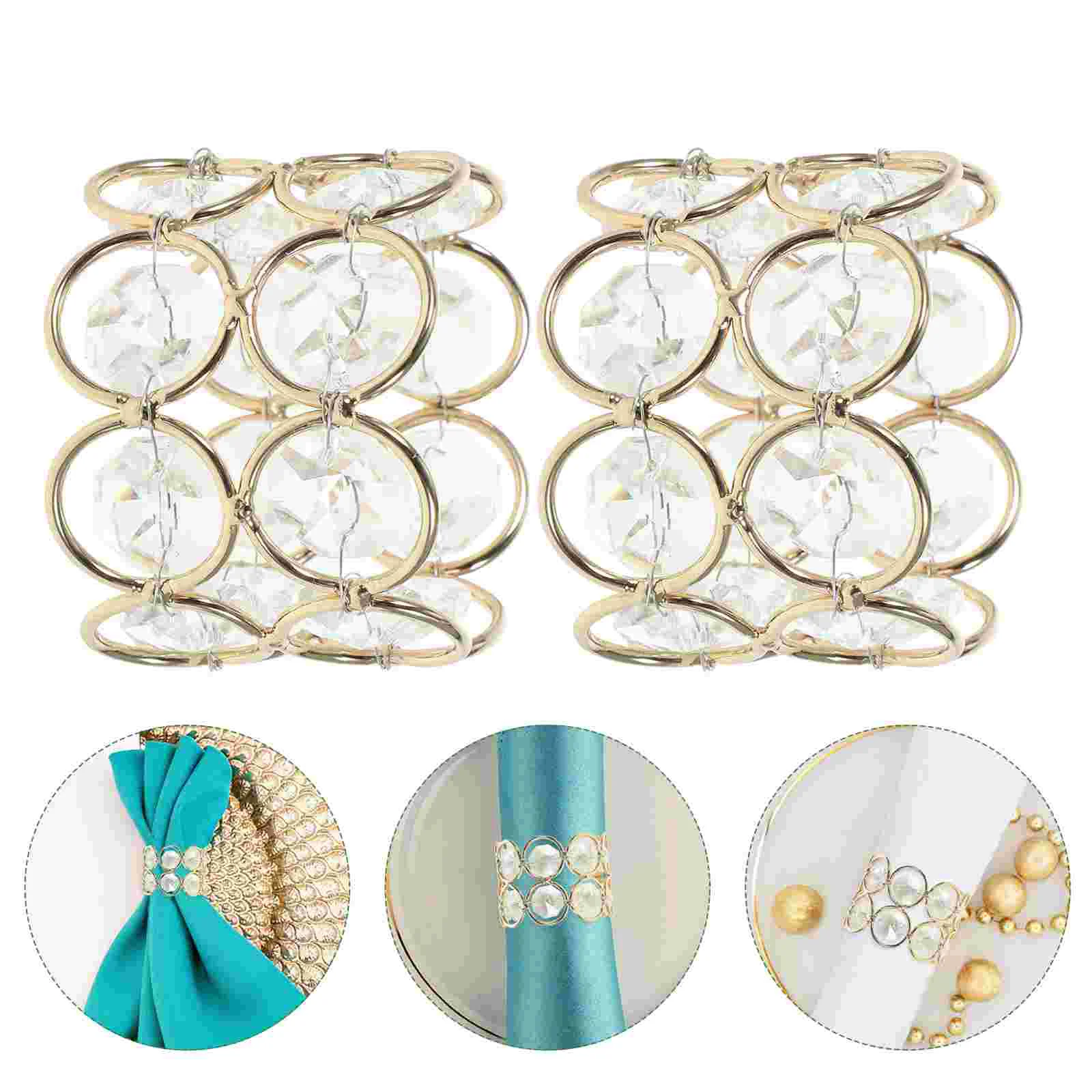 

2 Pcs Napkin Party Serviette Buckle Dining Table Decor Crystal Metal Ring Exquisite Stainless Steel Gold
