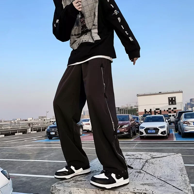 

Men Zipper Decor Classic Black Fashion Loose Straight Wide Leg Pants Male Korean-style Spring New Streetwear Baggy Pants