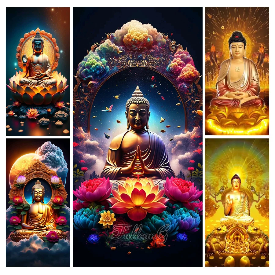 

5d Diamond Painting Large Size Fantasy Golden Buddha Lotus Diy Full Mosaic Embroidery Buddhist Flowers Picture Home Decor AA4327