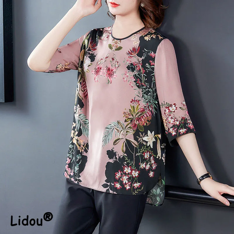 

2023 Summer New Ice Silk Fabric Female Clothes Elegant Floral Printing Tops Women Round Neck Fashion Casual Pullovers T-shirt