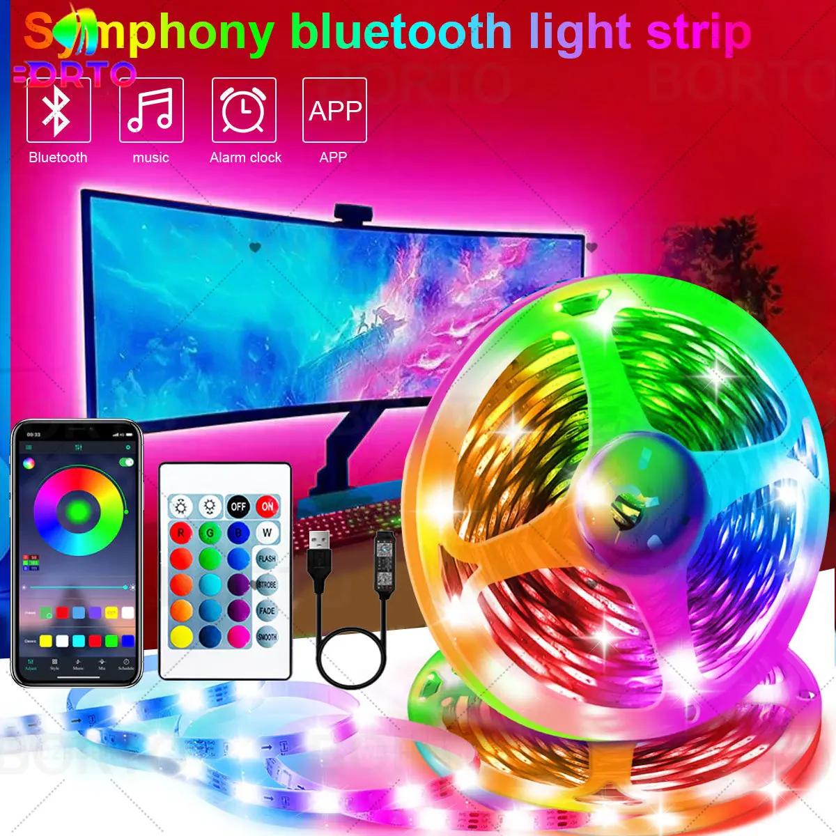 

Светодиодная лента RGB 5050 с USB, 5 В, Светодиодная лента с управлением через приложение и поддержкой Bluetooth, гибкая Диодная лента для подсветки те...