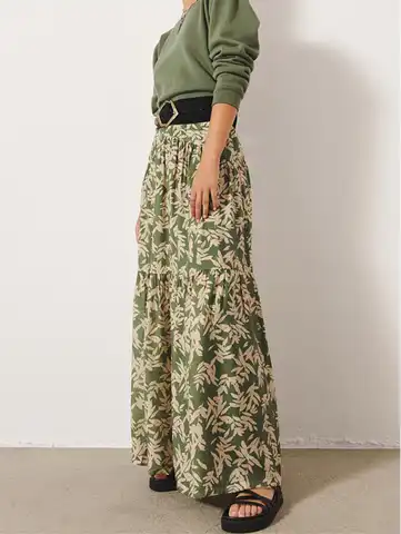 Women Zipper Long Skirt Bamboo Leaf Printing High Waist Retro A-line Jupe for Ladies 2023 Spring Summer