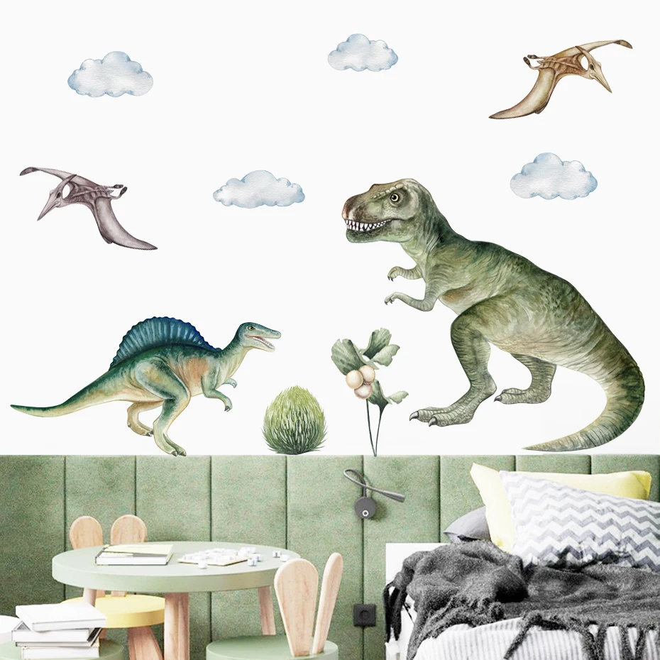 

Cartoon Raptor Tyrannosaurus Dinosaur Kids Wall Sticker Watercolor Peel and Stick Wall Decals Boy Room Interior Home Decor Gifts