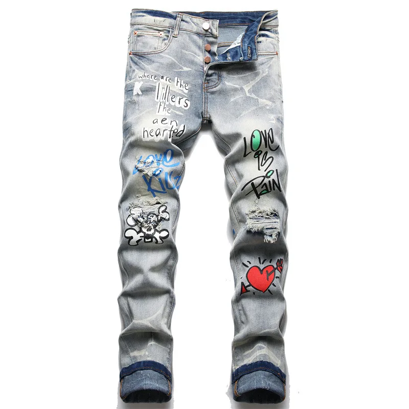 

Punk Trend Retro Ripped Jeans Men's Slim Stretch Printed Pencil Pants 2022 New Hip Hop Midwaist Casual Trousers Motorcycle Wear
