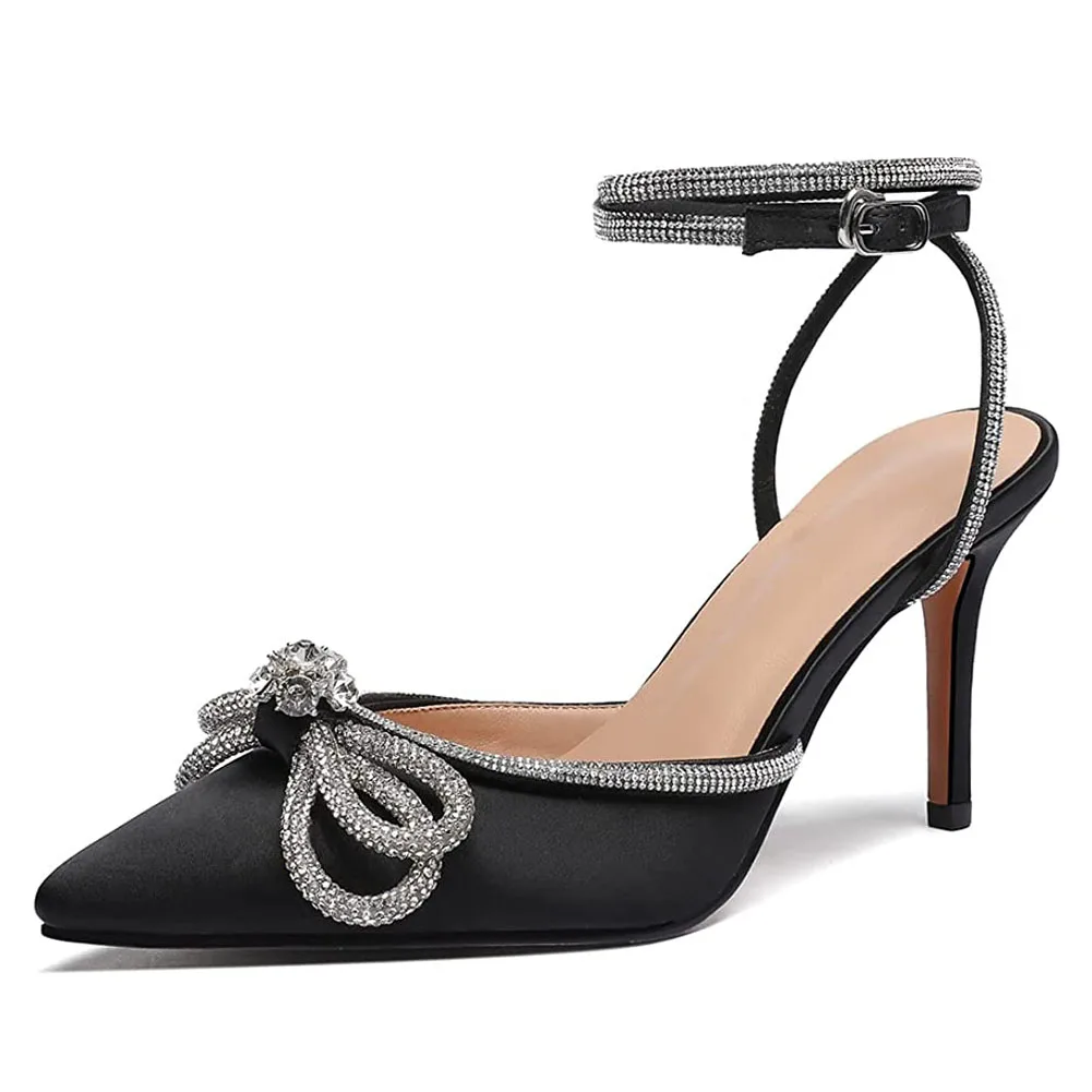 2023 Dropship In Stock Summer Women's Black Double Bow Heels Crystal-Embellished Satin Pumps Shoes Sandal Brand Designer