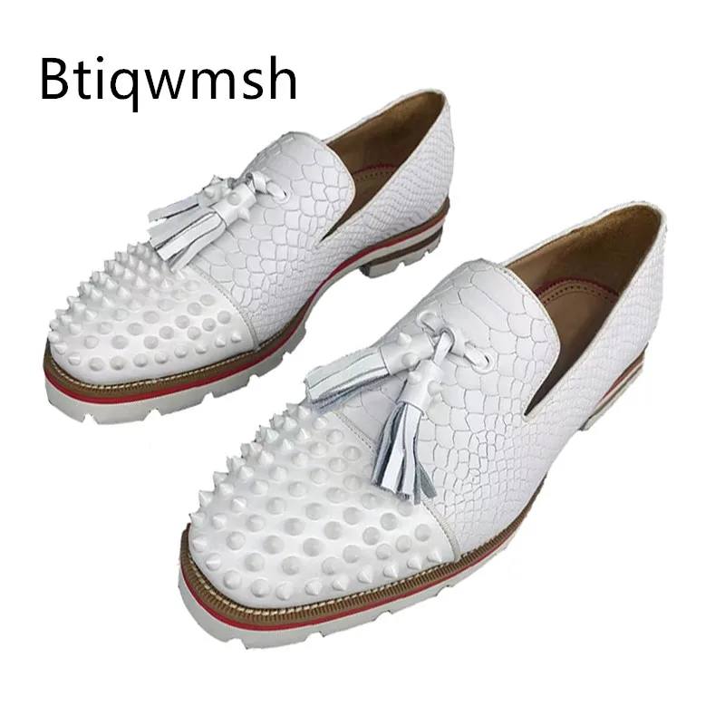 

White Snakeskin Shoes Man Pointed Toe Rivet Tassel Thick Bottom Flats For Men Fashion Party Shoes