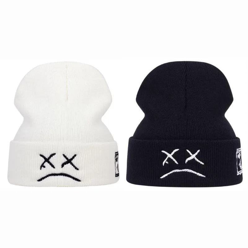 

Women's Hat Simple Sad Expression Beanie For Men Fashion Funny Keep Warm Knitted Cap Female Kpop Casual Gorras Para Hombres