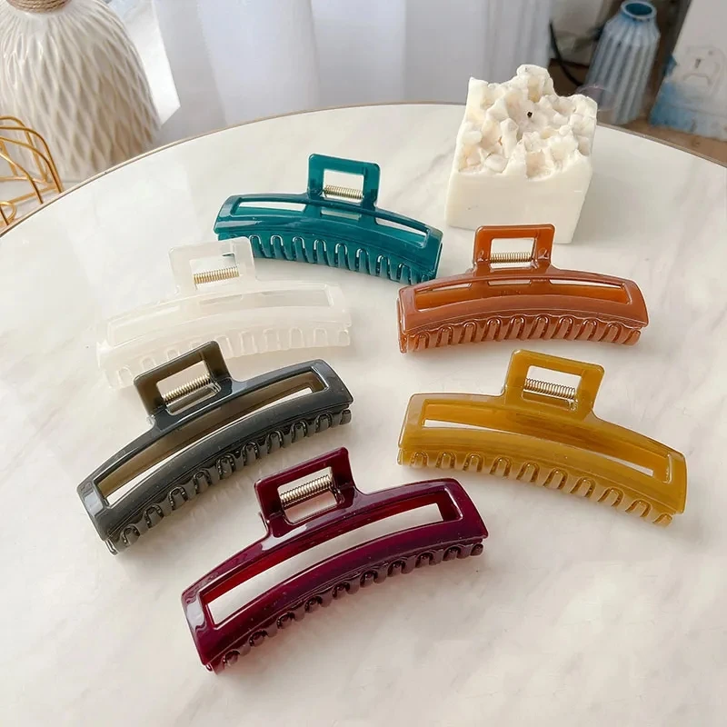 

Korean Fashion Large 11.5CM Simple Rectangular Hollow Hair Clip Claw Hair Accessoreis Retro Plastlic Solid Colorful Shark Clip