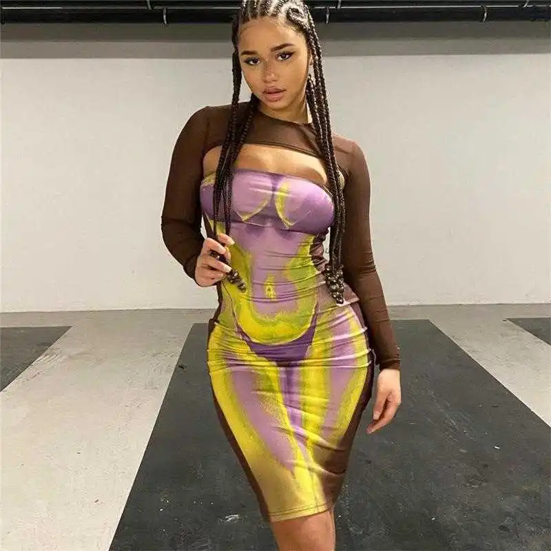 

Ins Style Summer Womens Dresses Fashion Sexy Cutout Contrast Color Slim Fit Sheath Round Neck Dress