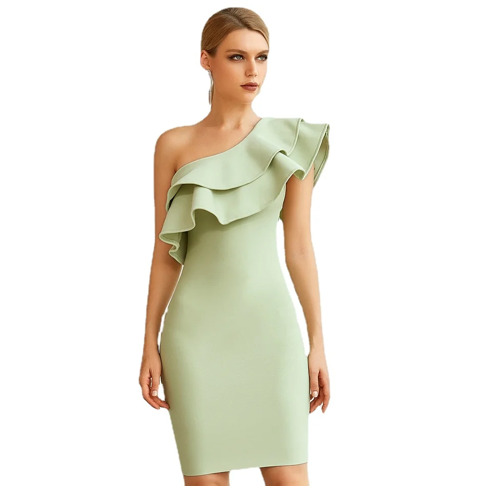 

summer women's Mini One-shoulder leaf edge solid color breast wrap dress Cocktail Party Prom Evening Dress Bandage dress