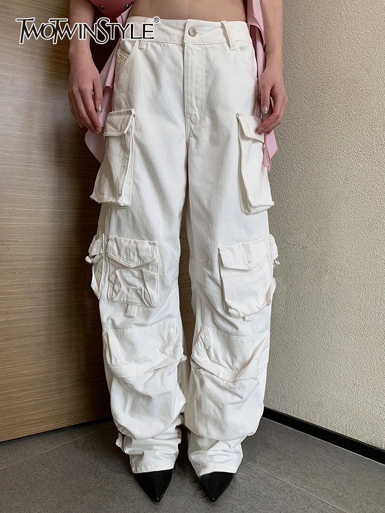 

TWOTWINSTYLE Solid Denim Trousers For Women High Waist Patchwork Pocket Loose Spliced Zipper Casual Cargo Pants Female Fashion